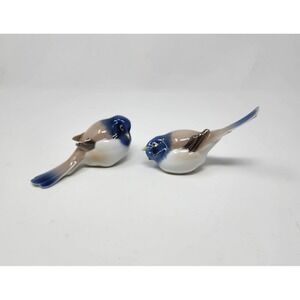 Hand-Painted Ceramic Bird Figurine Pair in Blue and Tan